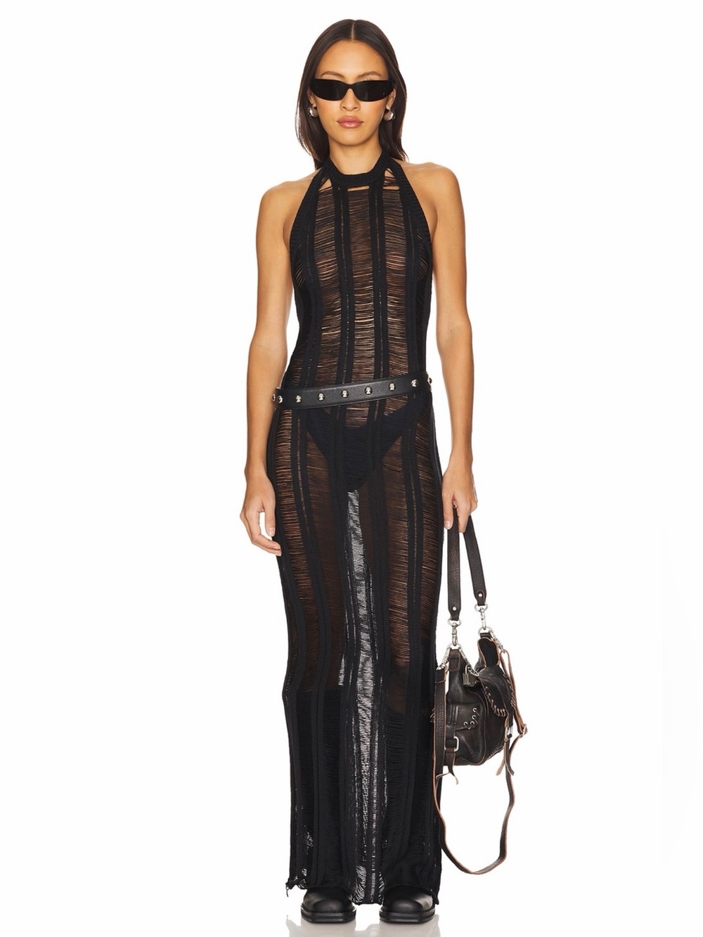 Superdown Revolve Micayla Black Sheer Knit Halterneck Festival Maxi Dress S NWD